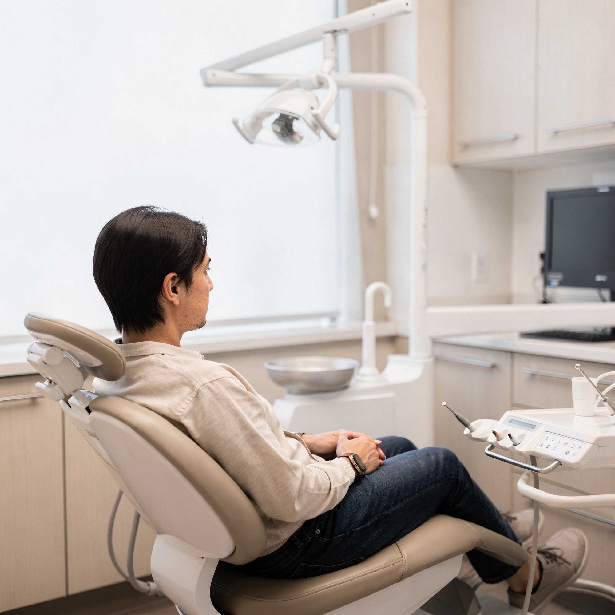 Patient seated in dental chair in a modern treatment room with overhead light and equipment
